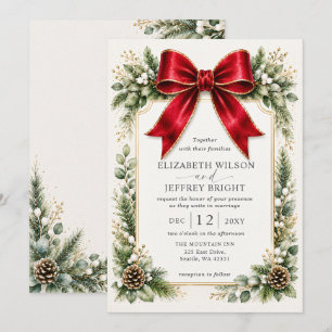 Red Bow Botanical Floral Winter Christmas Wedding Invitation