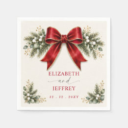 Red Bow Botanical Floral Winter Christmas Wedding Napkins