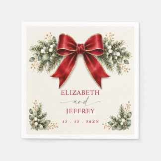 Red Bow Botanical Floral Winter Christmas Wedding Napkins