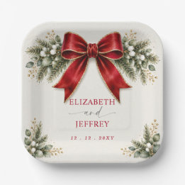 Red Bow Botanical Floral Winter Christmas Wedding Paper Plates