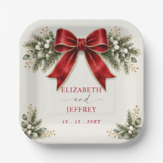 Red Bow Botanical Floral Winter Christmas Wedding Paper Plates