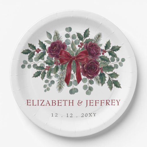 Red Bow Botanical Floral Winter Christmas Wedding Paper Plates