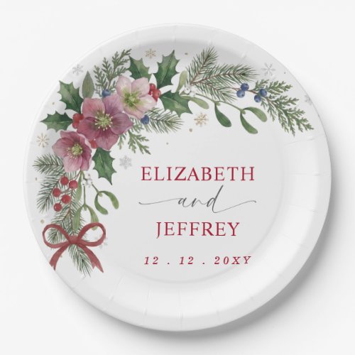 Red Bow Botanical Floral Winter Christmas Wedding Paper Plates