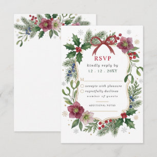 Red Bow Botanical Floral Winter Christmas Wedding RSVP Card