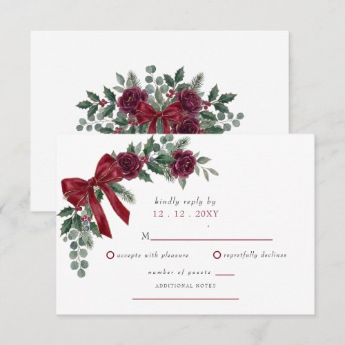 Red Bow Botanical Floral Winter Christmas Wedding RSVP Card