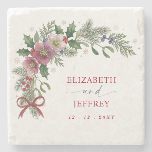 Red Bow Botanical Floral Winter Christmas Wedding Stone Coaster