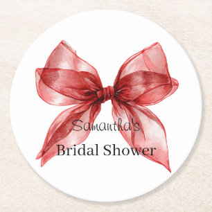 Red Bow Bridal Shower Round Paper Coaster
