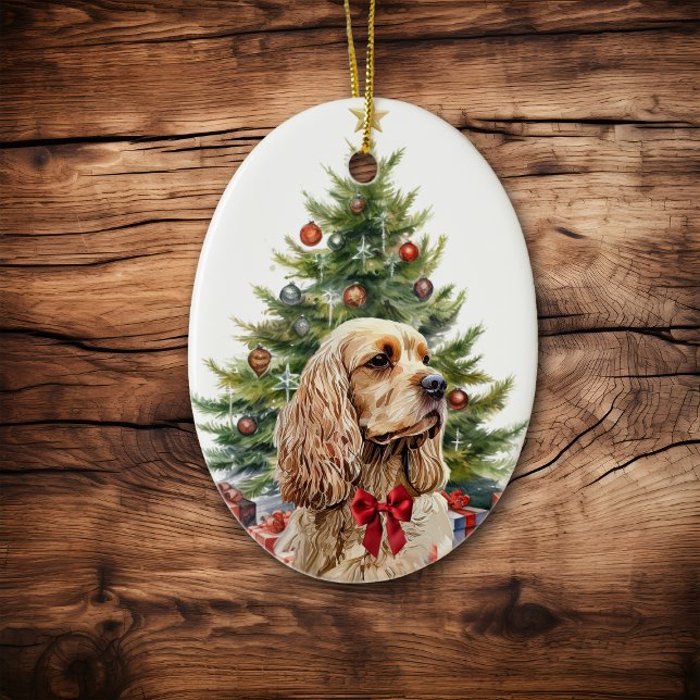 Red Bow Buff Blonde Cocker Spaniel Dog Ceramic Ornament (Creator Uploaded)