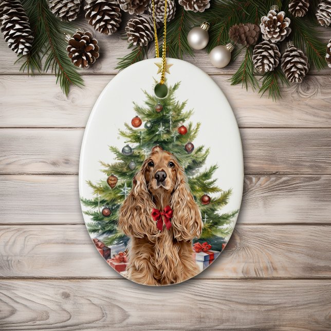 Red Bow Buff Cocker Spaniel Dog Christmas Ceramic Ornament (Creator Uploaded)