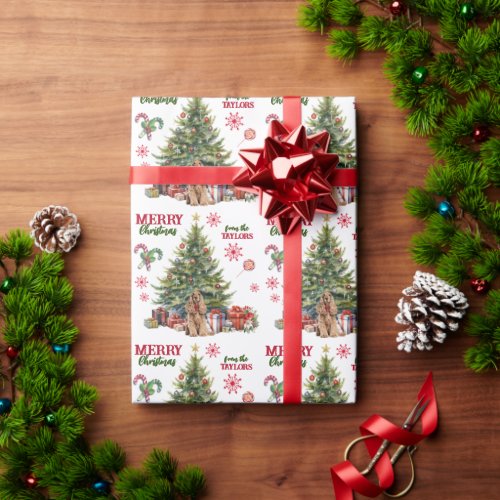 Red Bow Buff Cocker Spaniel Dog Holiday Tree Wrapping Paper