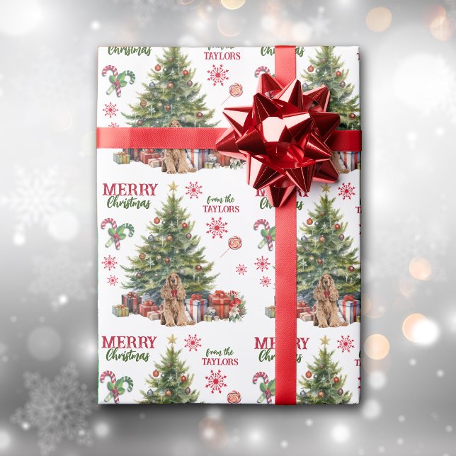 Red Bow Buff Cocker Spaniel Dog Holiday Tree Wrapping Paper (Creator Uploaded)