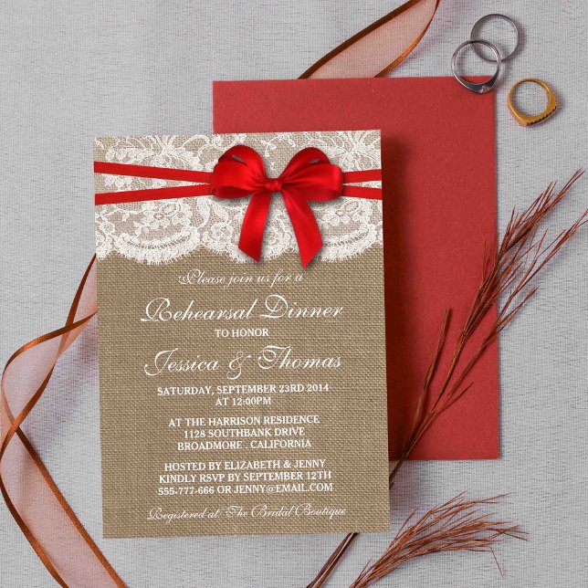 Red Bow Burlap & Lace Wedding Rehearsal Dinner Invitation (Creator Uploaded)