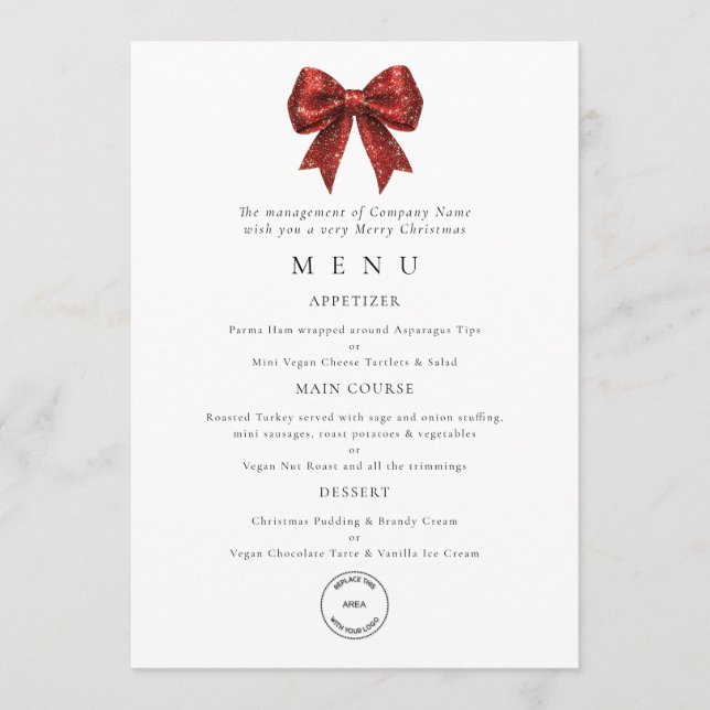 Red Bow Business Logo Christmas Party Menu Card (Front)
