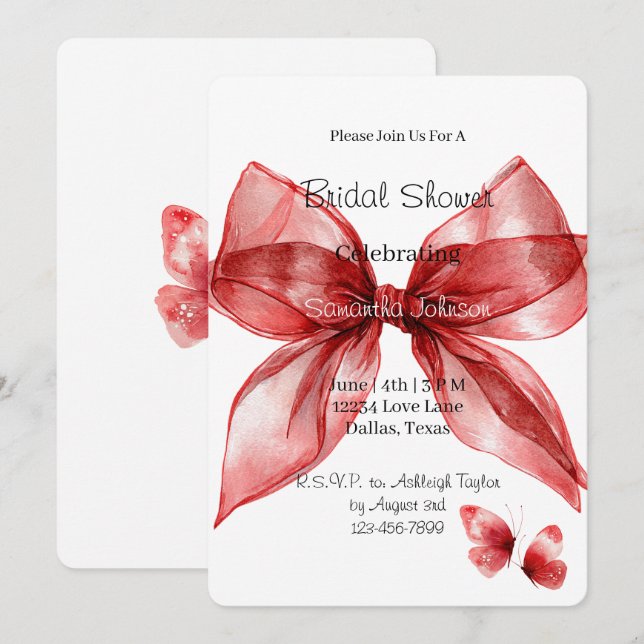 Red Bow Butterflies Bridal Shower   Invitation (Front/Back)