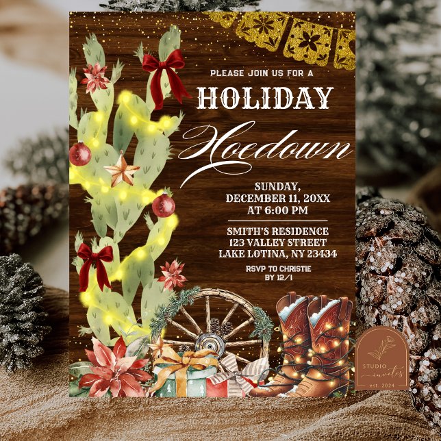 Red Bow Cactus Wild West Holiday Hoedown Invitation (Creator Uploaded)
