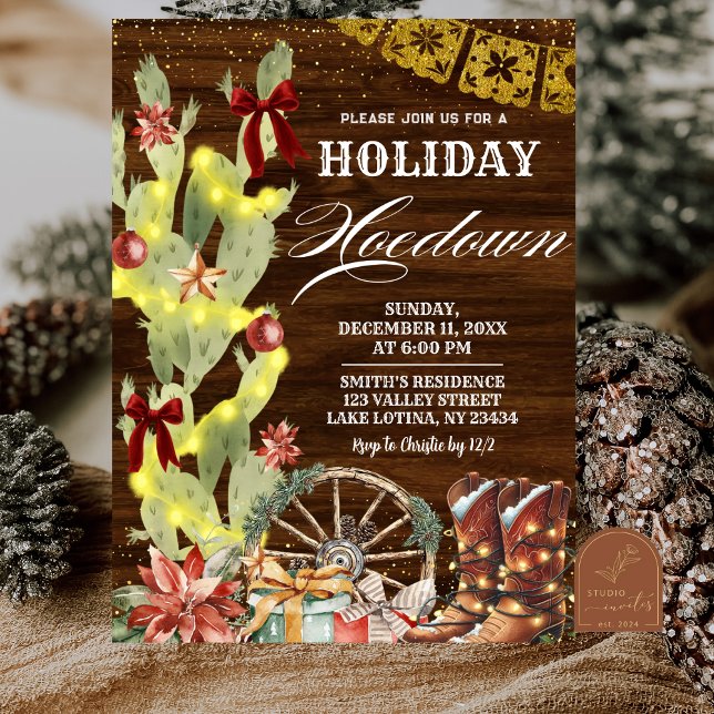 Red Bow Cactus Wild West Holiday Hoedown Invitation (Creator Uploaded)