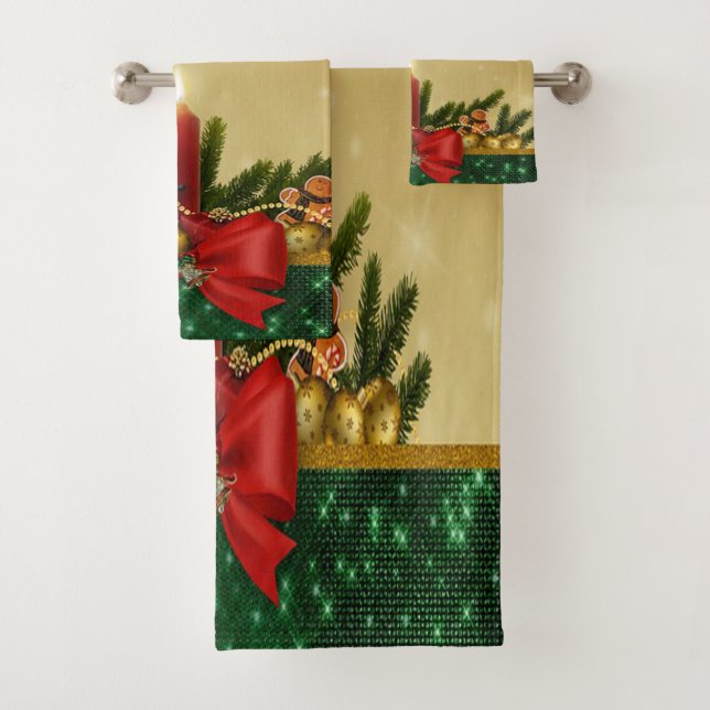 Red Bow, Candle, Pine Tree Branches,Snowflakes Bath Towel Set (Insitu)