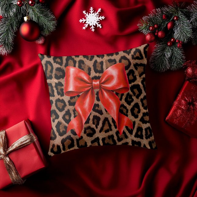 Red bow Cheetah Print Throw Pillow (Creator Uploaded)