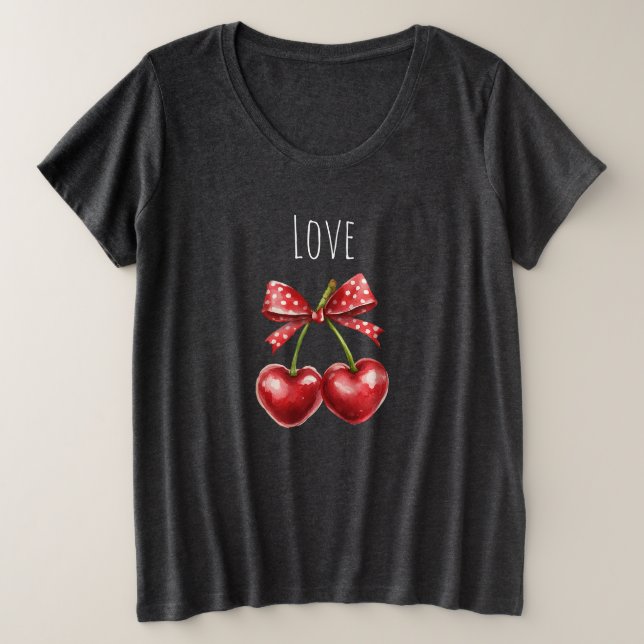 Red Bow Cherry Hearts Love Plus Size T-Shirt (Design Front)