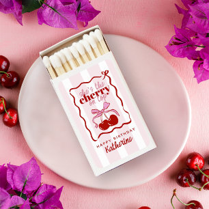 Red Bow Cherry on Top Pink Stripes Birthday Party Matchboxes