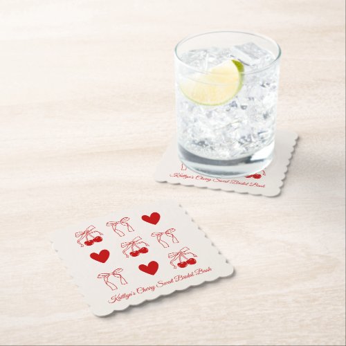 Red Bow Cherry Sweet Bridal Shower Paper Coaster