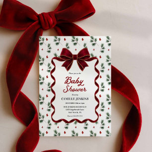 Red Bow Christmas All in One Baby Shower Invitation