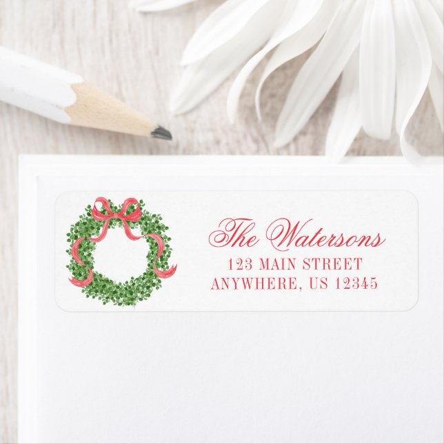 Red Bow Christmas Boxwood Wreath Address Label (Insitu)