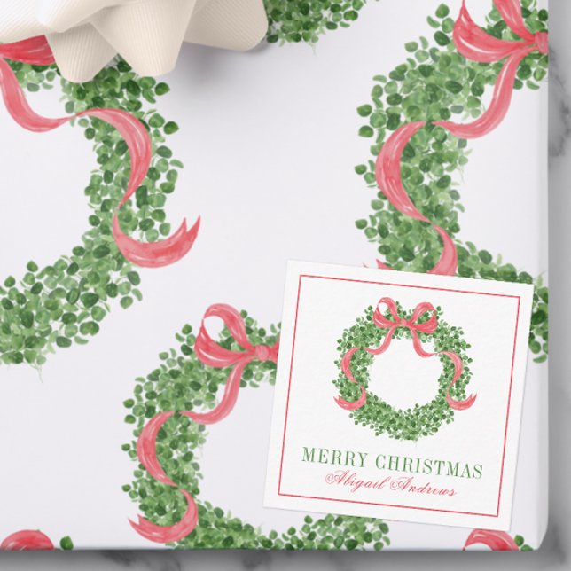 Red Bow Christmas Boxwood Wreath Note Card (Creator Uploaded)