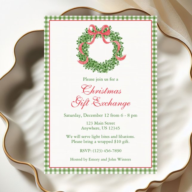 Red Bow Christmas Boxwood Wreath Party Invitation (Creator Uploaded)