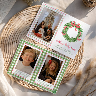 Red Bow Christmas Boxwood Wreath Photo Holiday Card