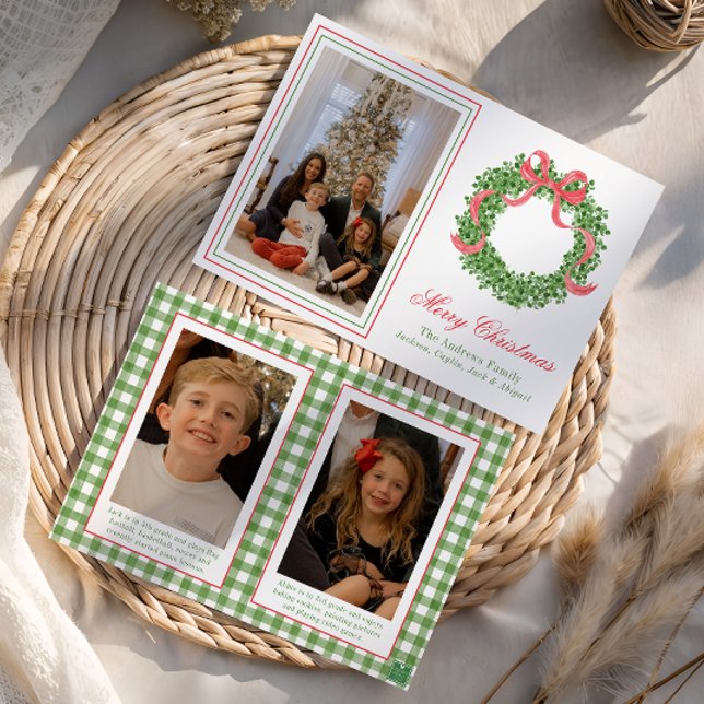 Red Bow Christmas Boxwood Wreath Photo Holiday Card (Creator Uploaded)