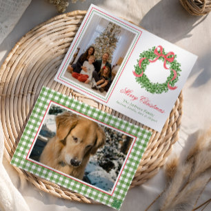 Red Bow Christmas Boxwood Wreath Photo Holiday Card