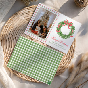 Red Bow Christmas Boxwood Wreath Photo Holiday Card