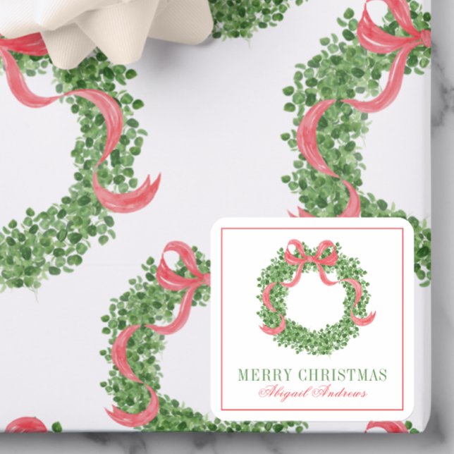 Red Bow Christmas Boxwood Wreath Square Sticker (Creator Uploaded)
