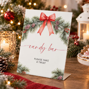 Red Bow Christmas Candy Bar Pedestal Sign