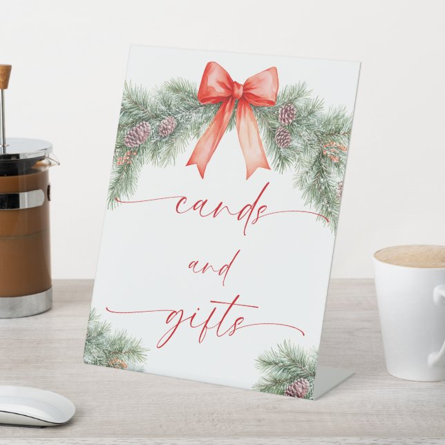 Red Bow Christmas Cards and Gifts Pedestal Sign (In SItu)