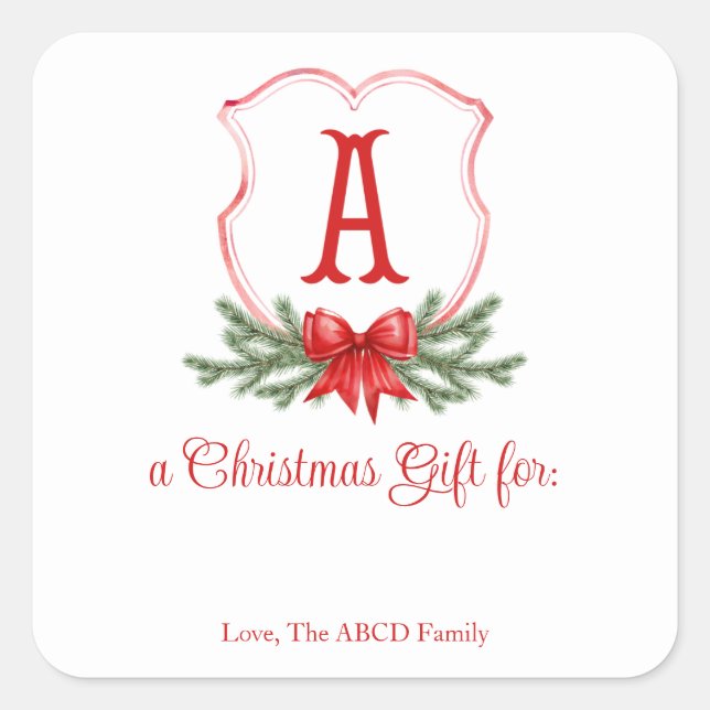 Red Bow Christmas Crest Sticker Gift Tag - A (Front)