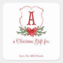 Red Bow Christmas Crest Sticker Gift Tag - A