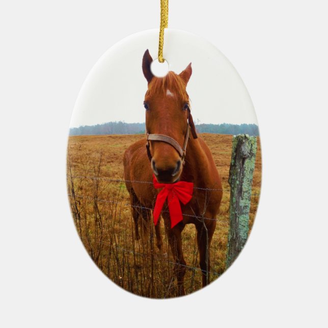 Red bow Christmas Horse Ceramic Ornament (Front)