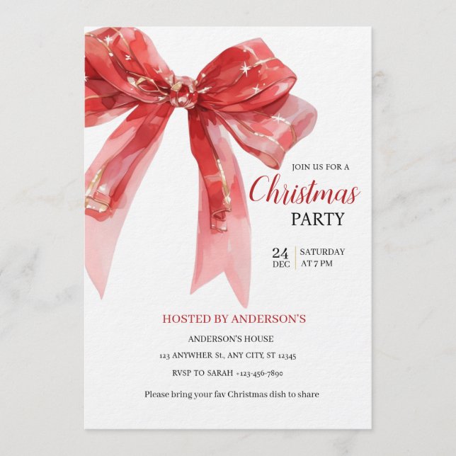 Red Bow Christmas Invitation - modren Invitation (Front)