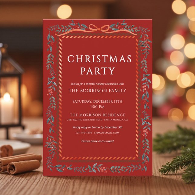 Red Bow Christmas Party Winter Botanical Holiday Invitation (Creator Uploaded)