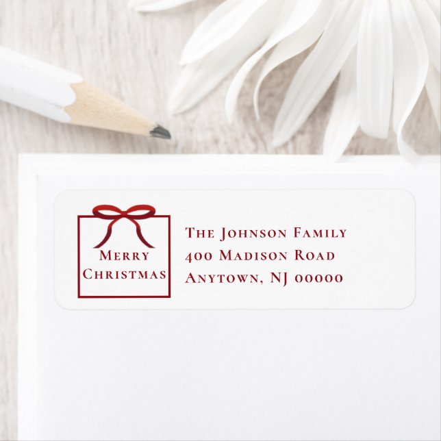 Red Bow Christmas Present Return Address Label (Insitu)