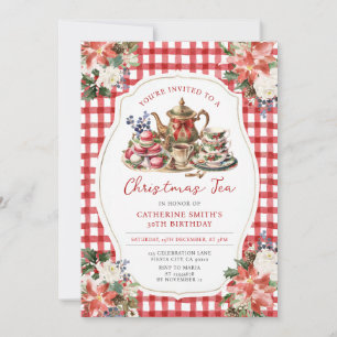 Red Bow Christmas Tea Adult Birthday Party Floral Invitation