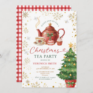 Red Bow Christmas Tea Adult Birthday Party Floral Invitation