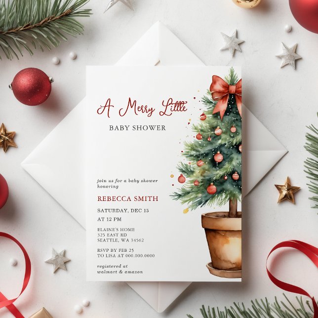 Red Bow Christmas Tree Merry Little Baby Shower Invitation (Red Bow Christmas Tree Merry Little Baby Shower Invitation)