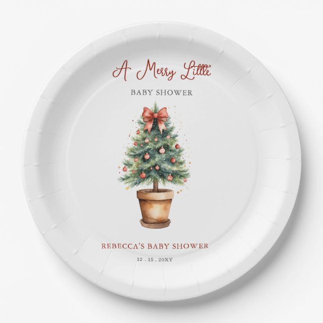 Red Bow Christmas Tree Merry Little Baby Shower Paper Plates (Front)