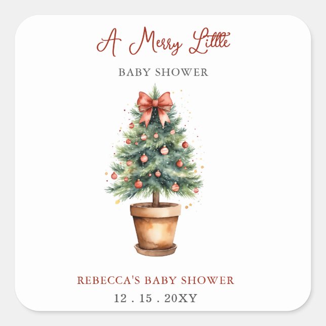 Red Bow Christmas Tree Merry Little Baby Shower Square Sticker (Front)