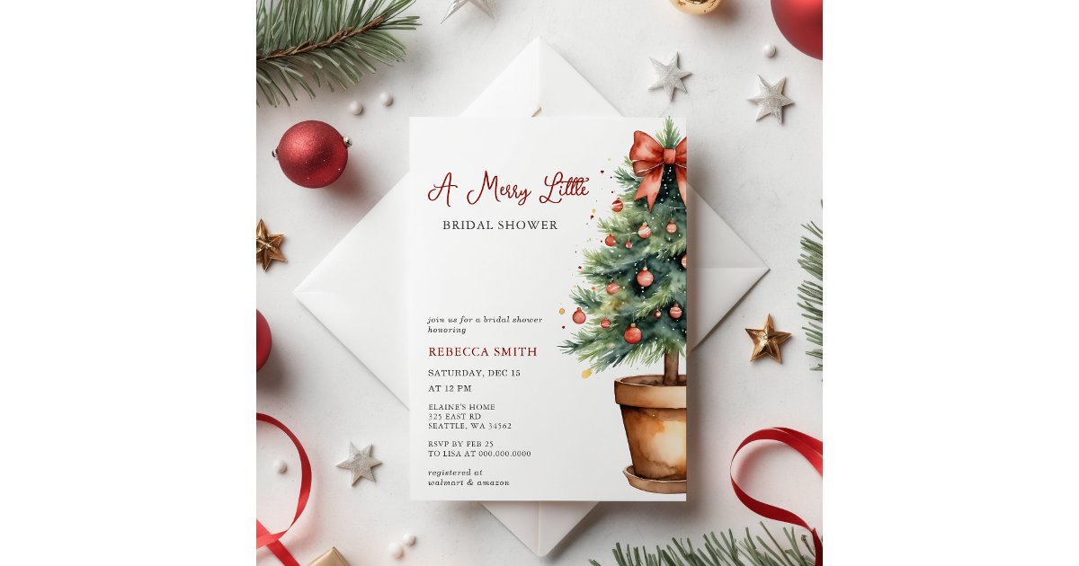 Red Bow Christmas Tree Merry Little Bridal Shower Invitation | Zazzle