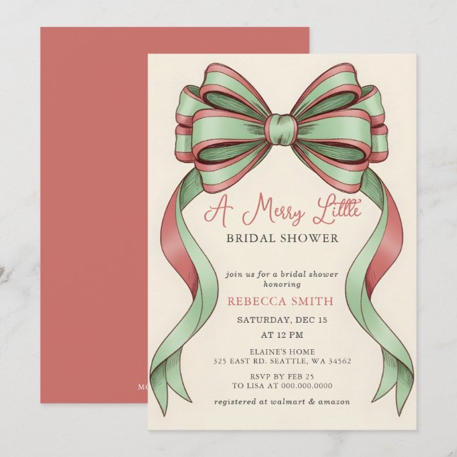Red Bow Christmas Tree Merry Little Bridal Shower Invitation (Front/Back)
