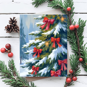 Red Bow Christmas Tree Watercolor Painting Holiday Postcard